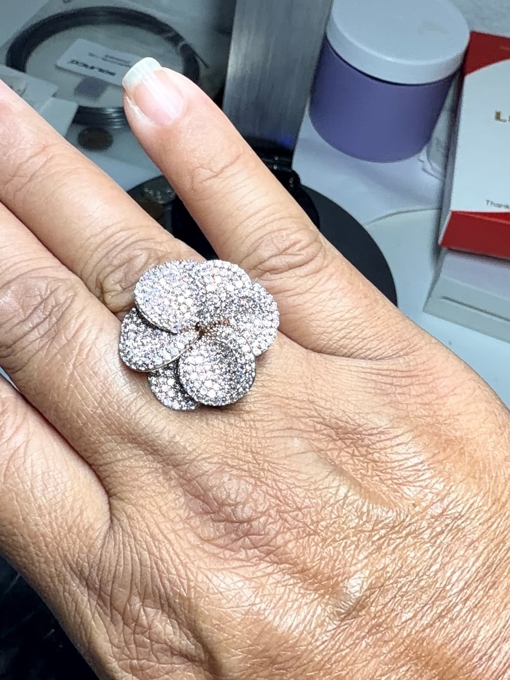 Rose Gold plated over sterling silver Statement cocktail Ring flower size 8 pave